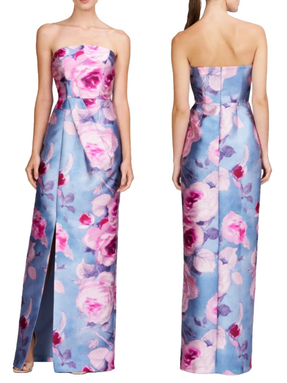 NEW KAY UNGER Blue Multi FLORAL Satin LUCIENNE Strapless PLEATED Column GOWN 10